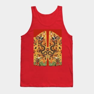 BLACK DRAGONS AMONG FLORAL SWIRLS Chinese Embroidery in Gold Yellow Red Tank Top